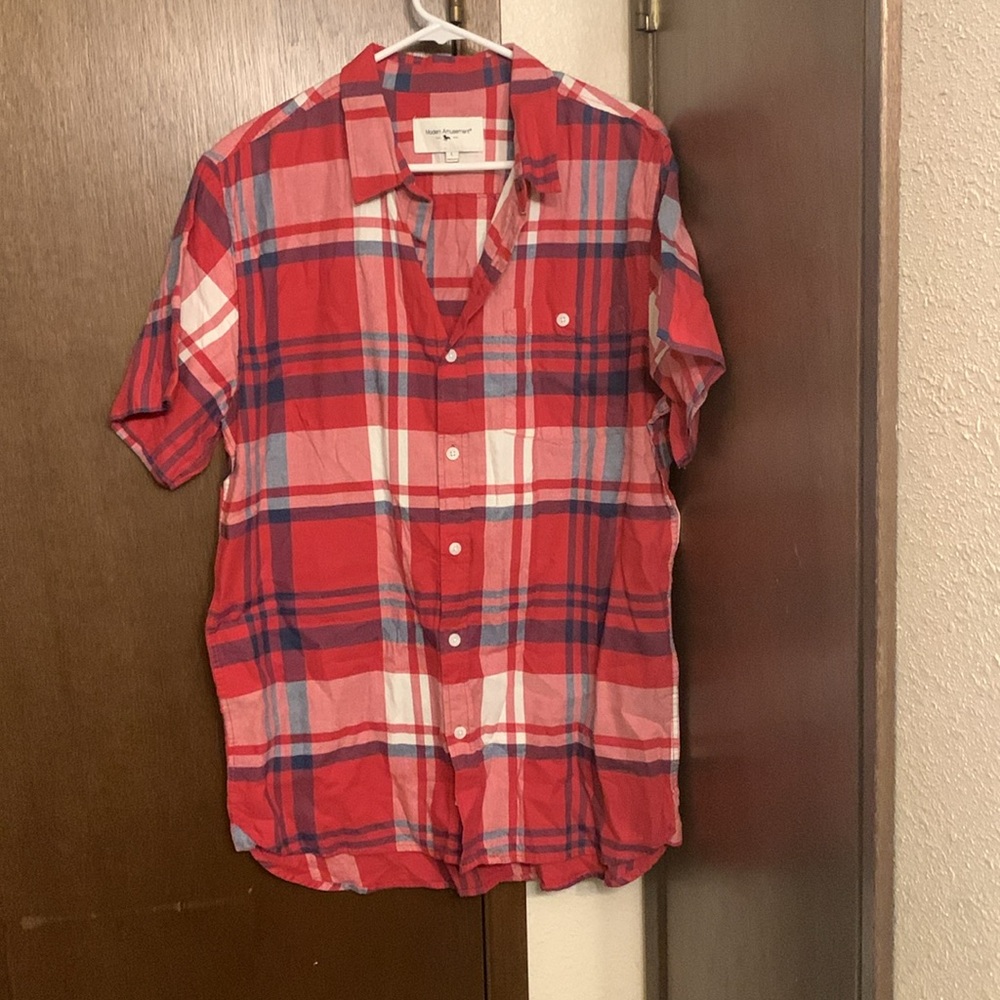Modern Amusement- Red white & blue button up, short sleeve